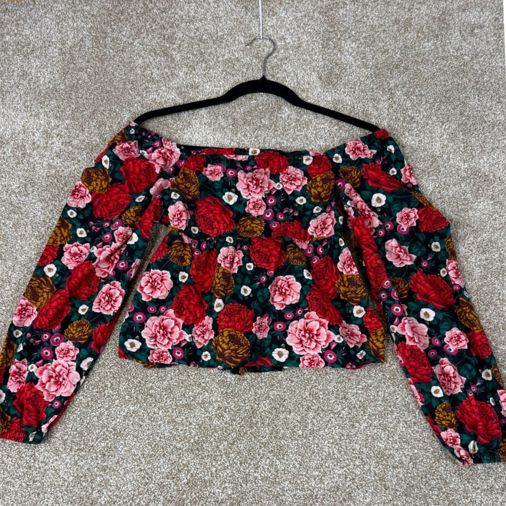 Old Navy Womens XL Floral Off-The-Shoulder Peplum Blouse Boho Red Pink
